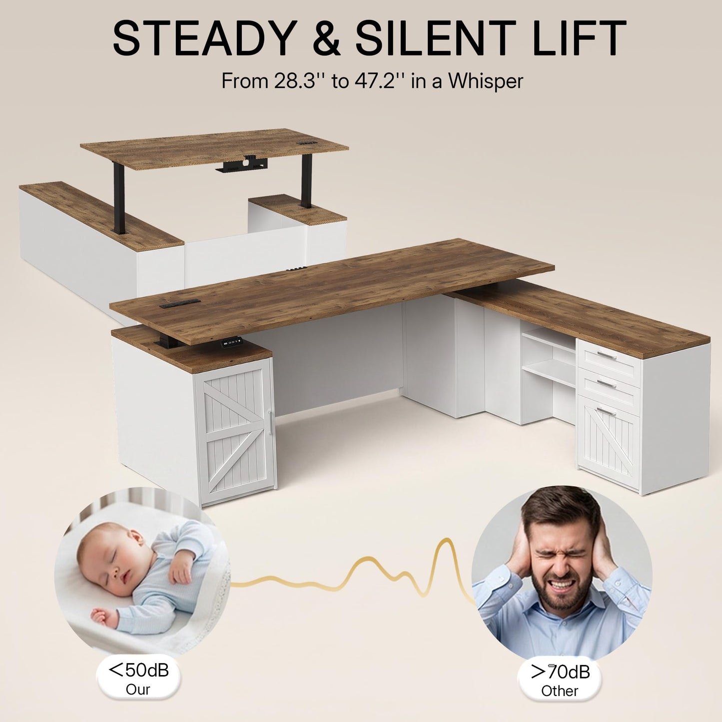 ZIMASYA 71" L Shaped Executive Desk with File Cabinet Drawers Outlet USB,Height Adjustable Office Desk Privacy Panel Sit-Stand Workstation for Boss Managers Home Farmhouse, Walnut & White