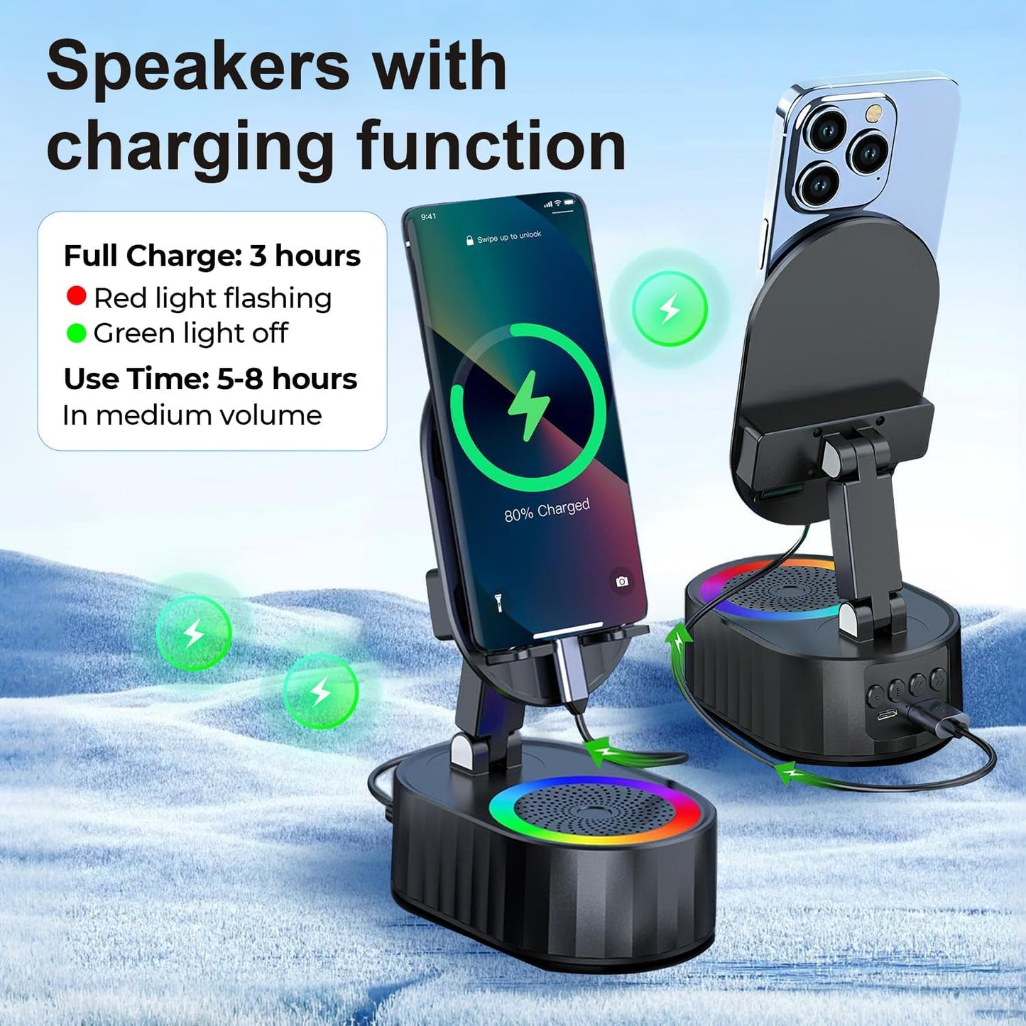 AKLLCCR 5in1 (3000mAh) 300 Wireless Induction Audio Bluetooth Speaker Phone Holder Emergency Rechargeable with Colorful