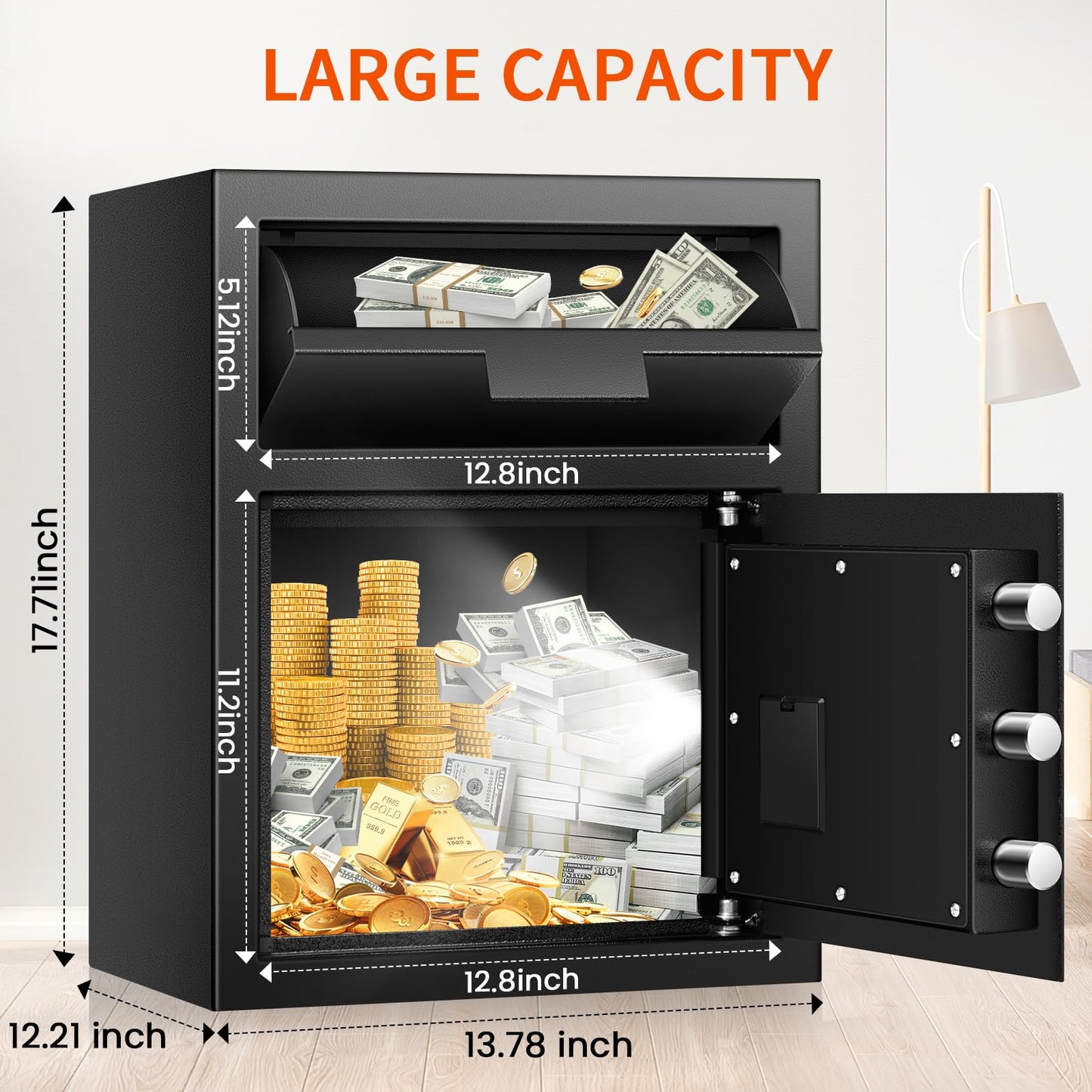 2.6 Cuft Depository Safe for Business with Quick Place Drop Slot, Cash Drop Safes with Digital Combination LCD Display and Anti-Fishing, Security Drop Safe for Cash, Mail, Checks, Document