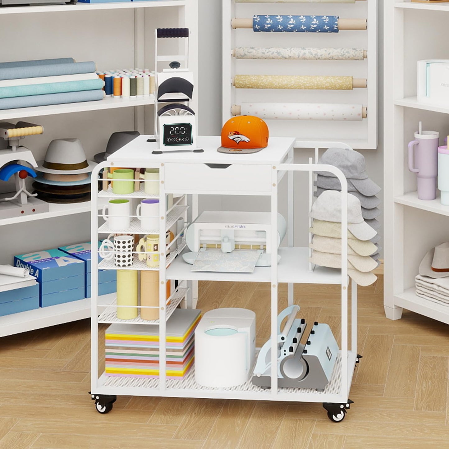 PUNCIA All-In-One Movable Tumbler and Cap Press Stand, Space Saving 3-Tier Heat Transfer Organizer Workstation with Cup Holder and Hat Storage Ideal for Craft Room Studios Home Craftsman DIY Makers