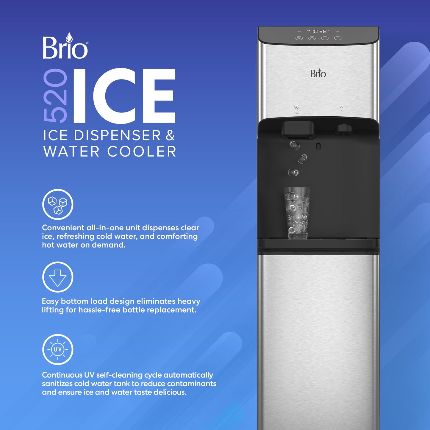Brio 520 ICE Water Dispenser for 5 Gallon Bottle | Bullet Ice Maker Bottom Load Cooler | UV Self Cleaning, LED Touch Display with Digital Clock, Night Light, Child Safety Lock | 2X Fast Dispense