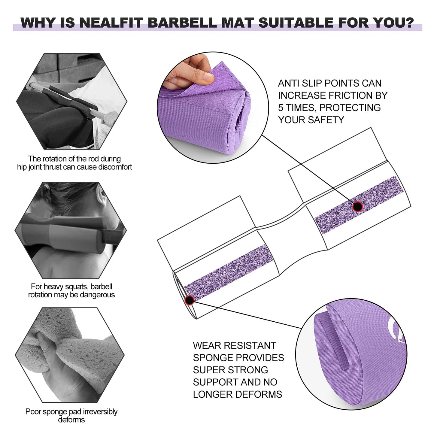 NEALFIT Barbell Squat Pad with Thick Nylon Padding, Hip Thrust Pad for Squats, Lunges, Neck Shoulder Squat Pad for Olympic or Standard Bars (Purple)