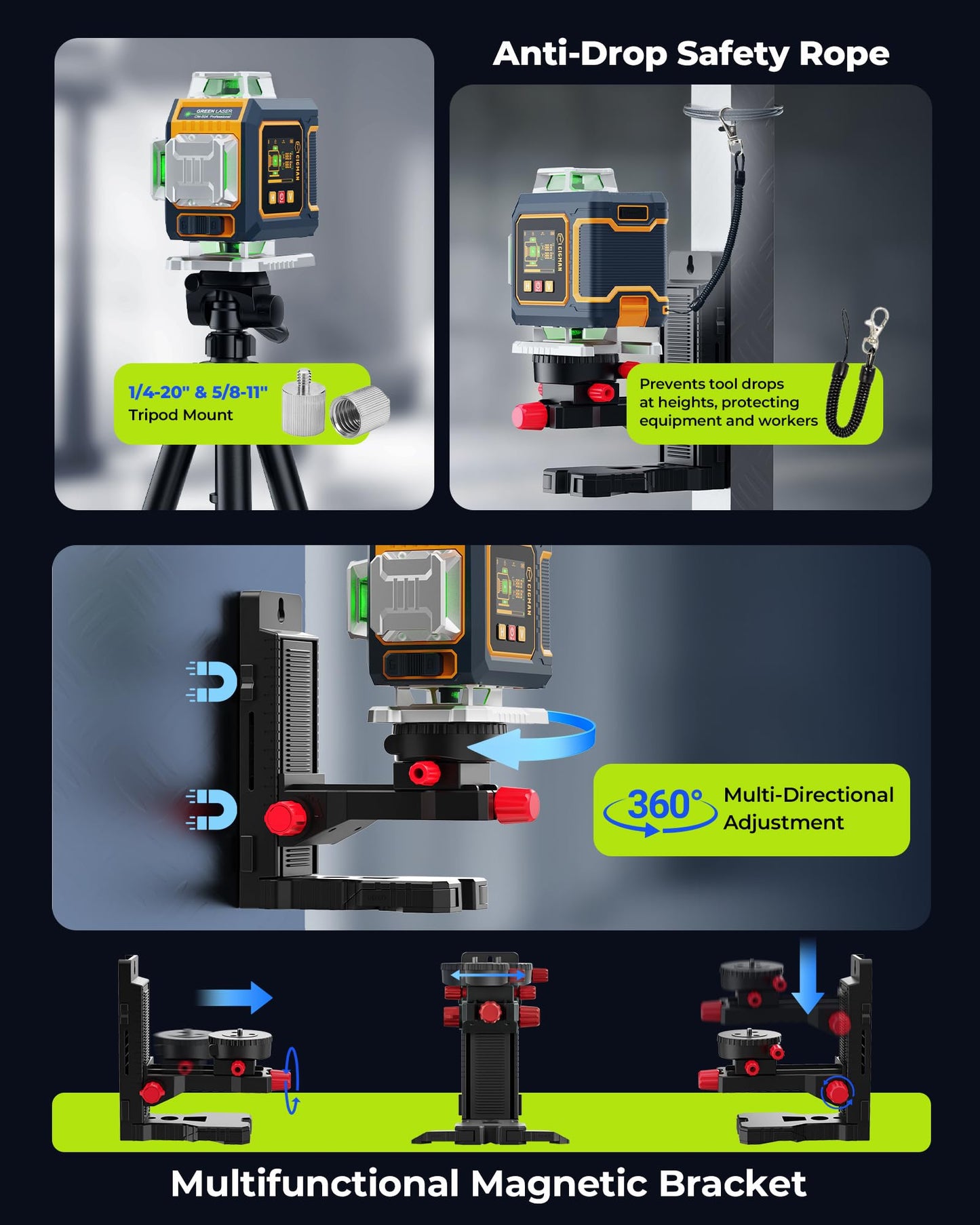 CIGMAN 16 Lines Green Laser Level 4×360° Self Leveling, Side LCD, Bluetooth App Remote, Pulse Mode for Receiver, 2×Li-ion (USB-C), Liftable Stand, 1/4" Mount, IP54, ABS Hard Case – S04