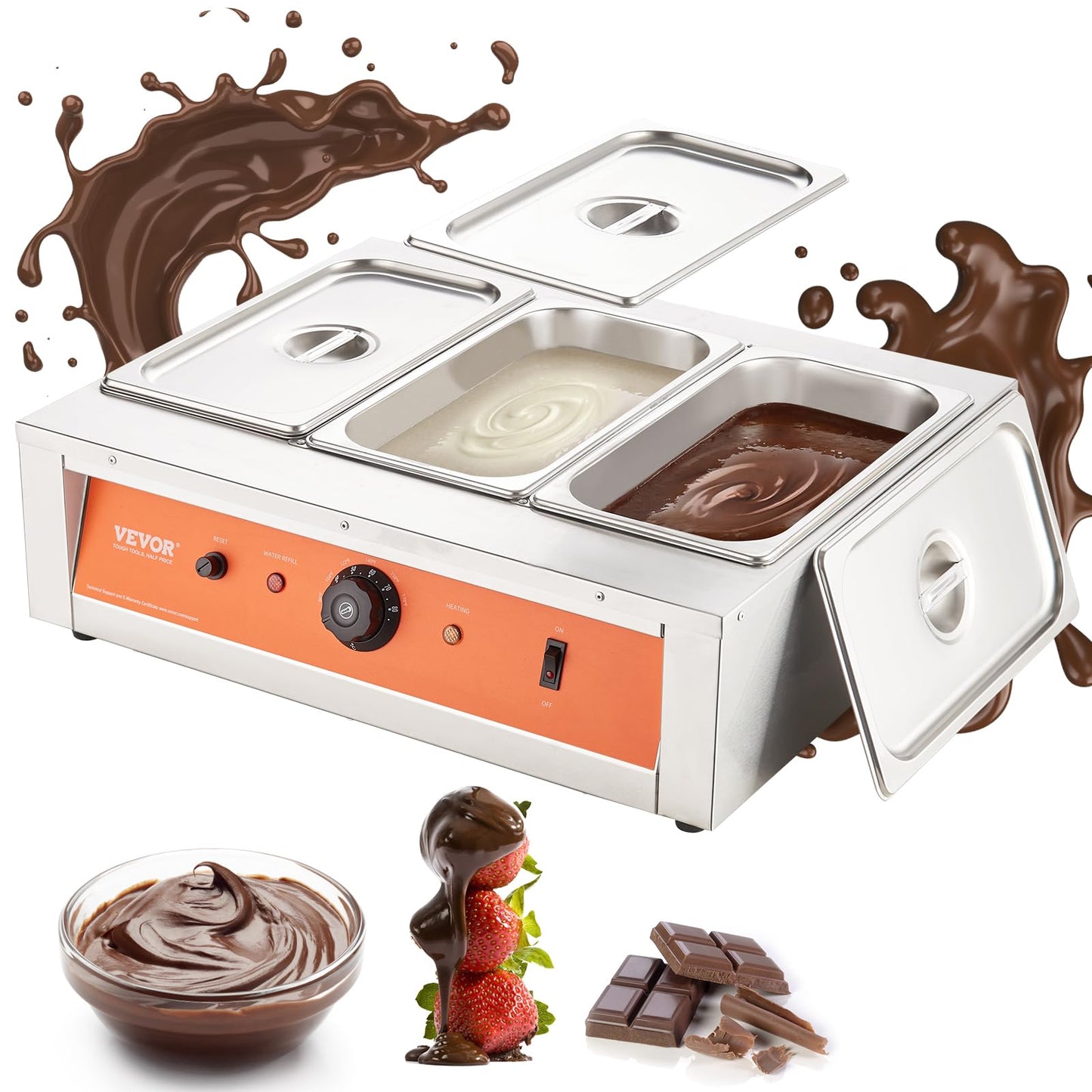 VEVOR Chocolate Tempering Machine, 26.5 Lbs 3 Tanks Chocolate Melting Pot Temp Control 86~185℉, 1500W Stainless Steel Electric Commercial Food Warmer for Chocolate/Milk/Cream Melting and Heating