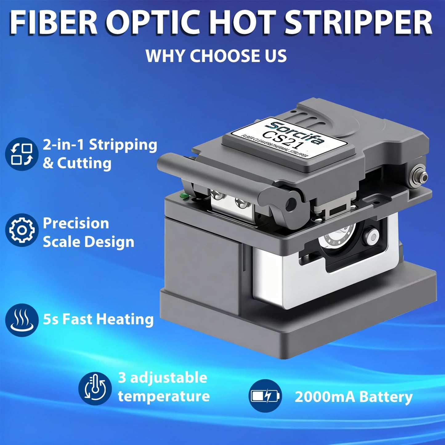 Optical Fiber Cleaver,Fiber Optic Stripper for Ribbon or Simplex Fiber,2 in 1 Stripping and Cutting,Optic Cutter Cleaver Fiber with 16-Port Blade,Automatic Heating Stripping Tool for 1-12 Strands