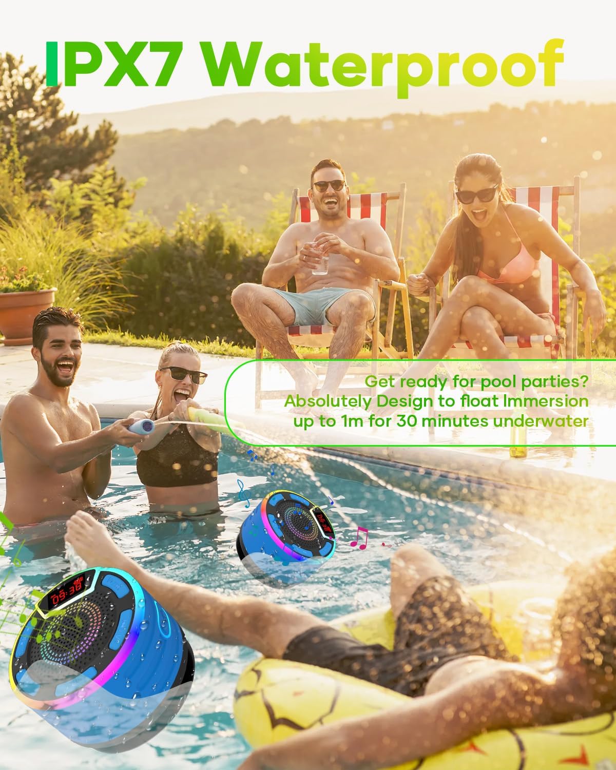 ssouwao IPX7 ssuowao Bluetooth Shower Speaker, Waterproof Portable Speakers with LED Display, FM Radio, Suction Cup