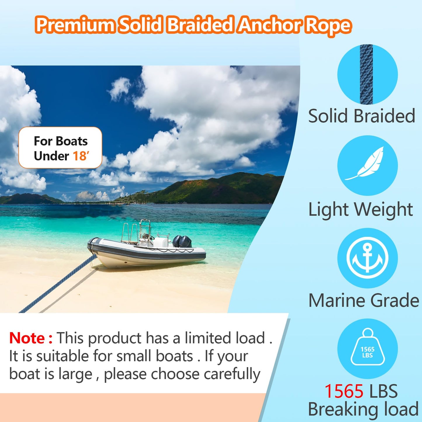 3/8 Inch 50 FT Anchor Rope, Boat Anchor Rope Solid Braid MFP, Anchor Line with 316 Stainless Steel Thimble and Snap Hook - Navy Blue