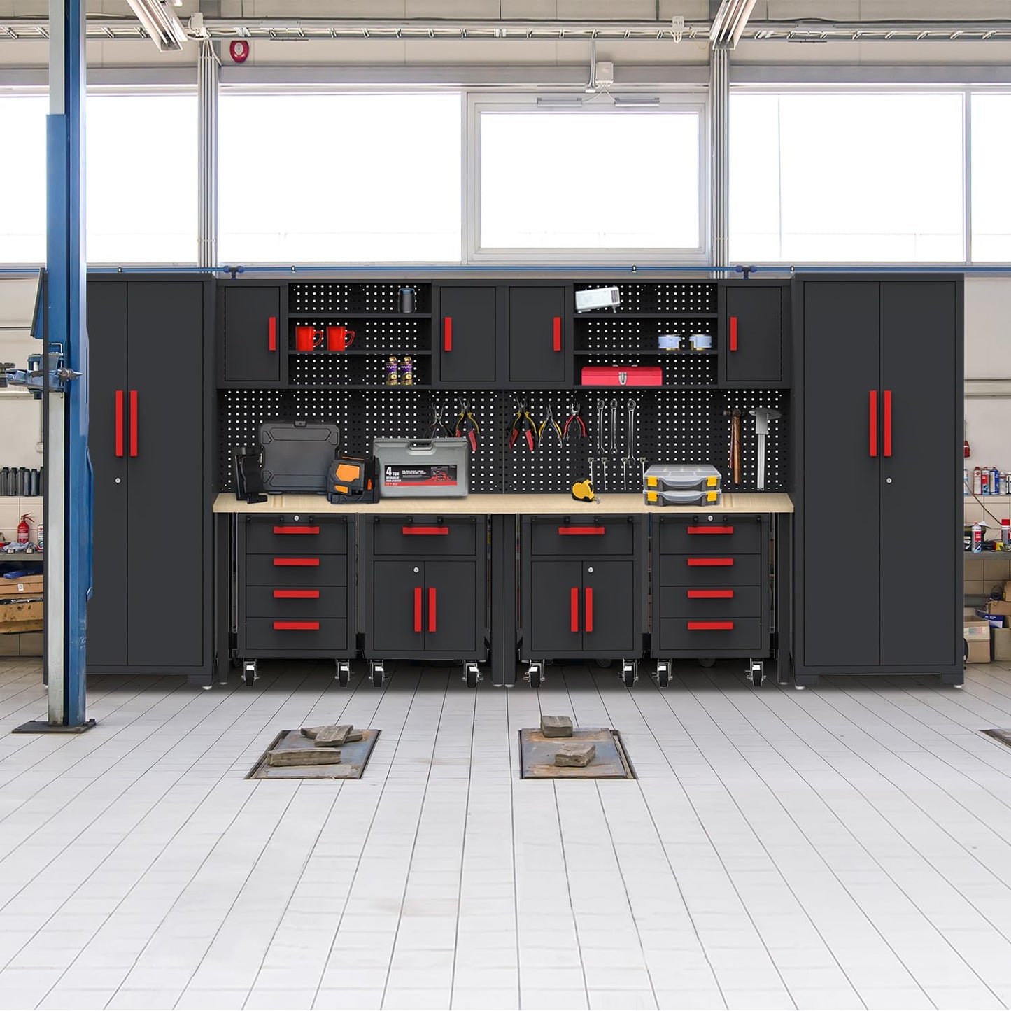 HPDMC Garage Storage Cabinet System - 2 * 6-Pcs Workshop Set with Steel Cabinet Drawers, Rolling Chest, Workbench, Pegboard for Tool Organization
