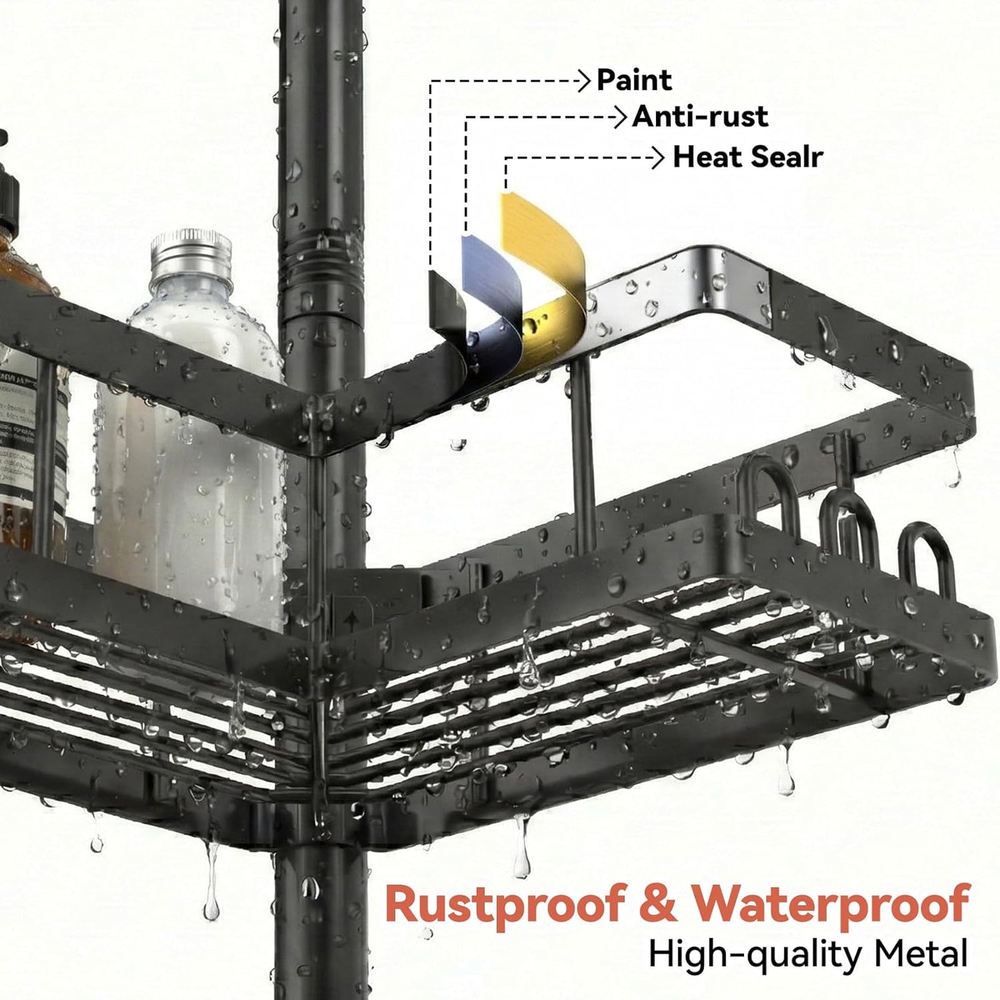 YASONIC Corner Shower Caddy - Adjustable Tension Pole Shelves, Rust-Resistant, No-Drill Installation | Black, 25.7-109.1in
