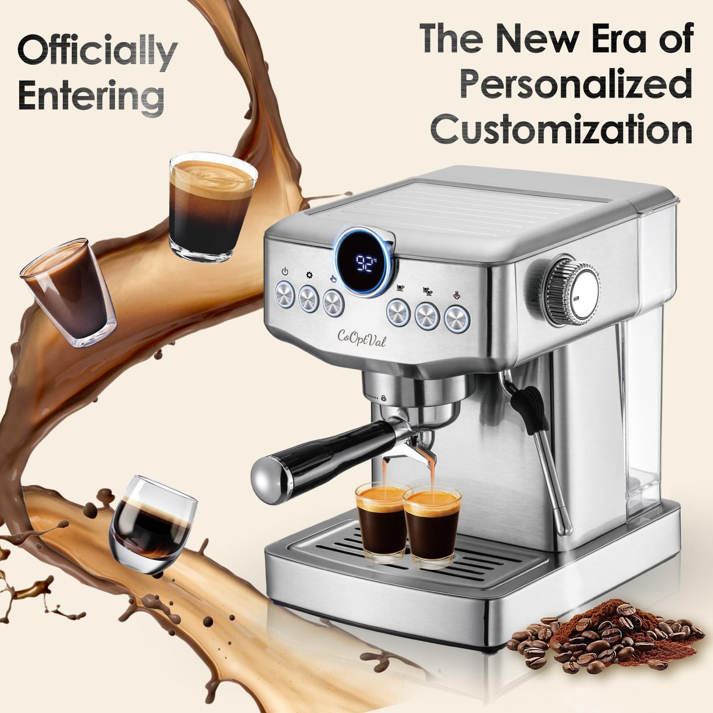 CoOptVal 20-Bar Espresso Machine & Cafetera Espresso – Fully Customizable Brewing (Temperature, Time, Volume, Steam) – Steam Wand & Milk Frother, Stainless Steel – Latte Machine & Cappuccino Machine
