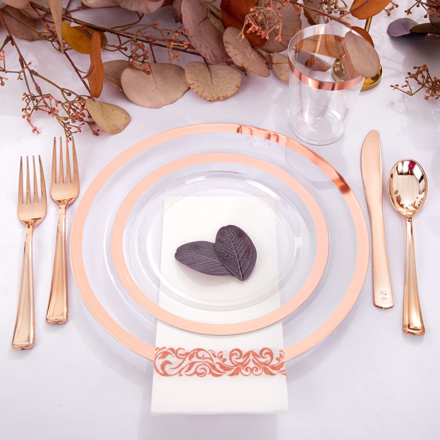 YOUBET 175PCS Rose Gold Plastic Plates - Clear Plastic Plates Disposable with Rose Gold Rim includes 50 Plates, 25Forks, 25Knives, 25Spoons, 25Cups, 25Napkins for Party & Wedding