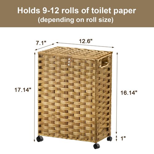 Hiagnete Toilet Paper Storage Basket with Lid and Wheels, Rattan Toilet Paper Holder Storage, Toilet Paper Organizer for Bathroom, Bedroom, Kitchen, 12.6”L x 7.1”W x 17.14”H, Naturall