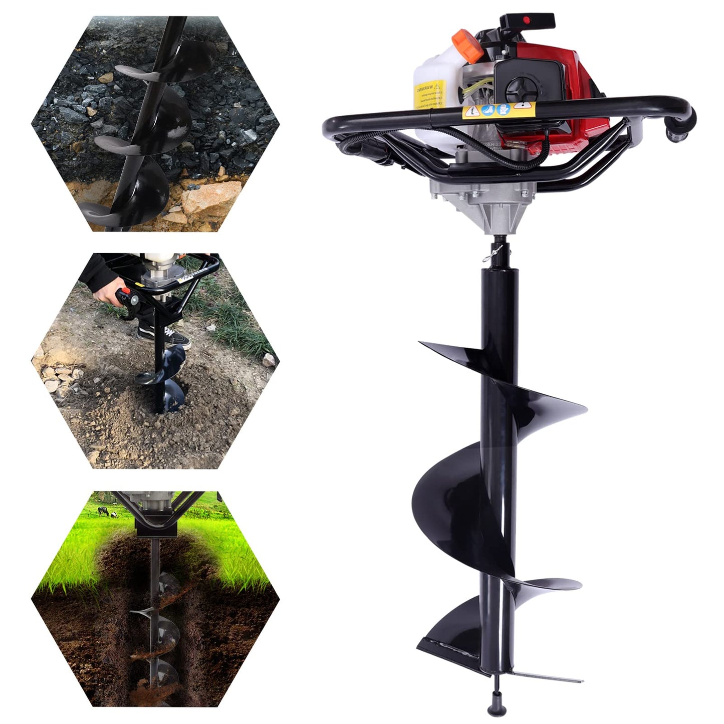 63CC 2-Stroke Post Hole Digger, 3HP Gas Powered Post Hole Diggers Gasoline Trench Digger Single-Cylinder Air-Cooled Gas Post Hole Digger w/ 12in Single Leaf Drill Pipe for Farmland Garden Planting