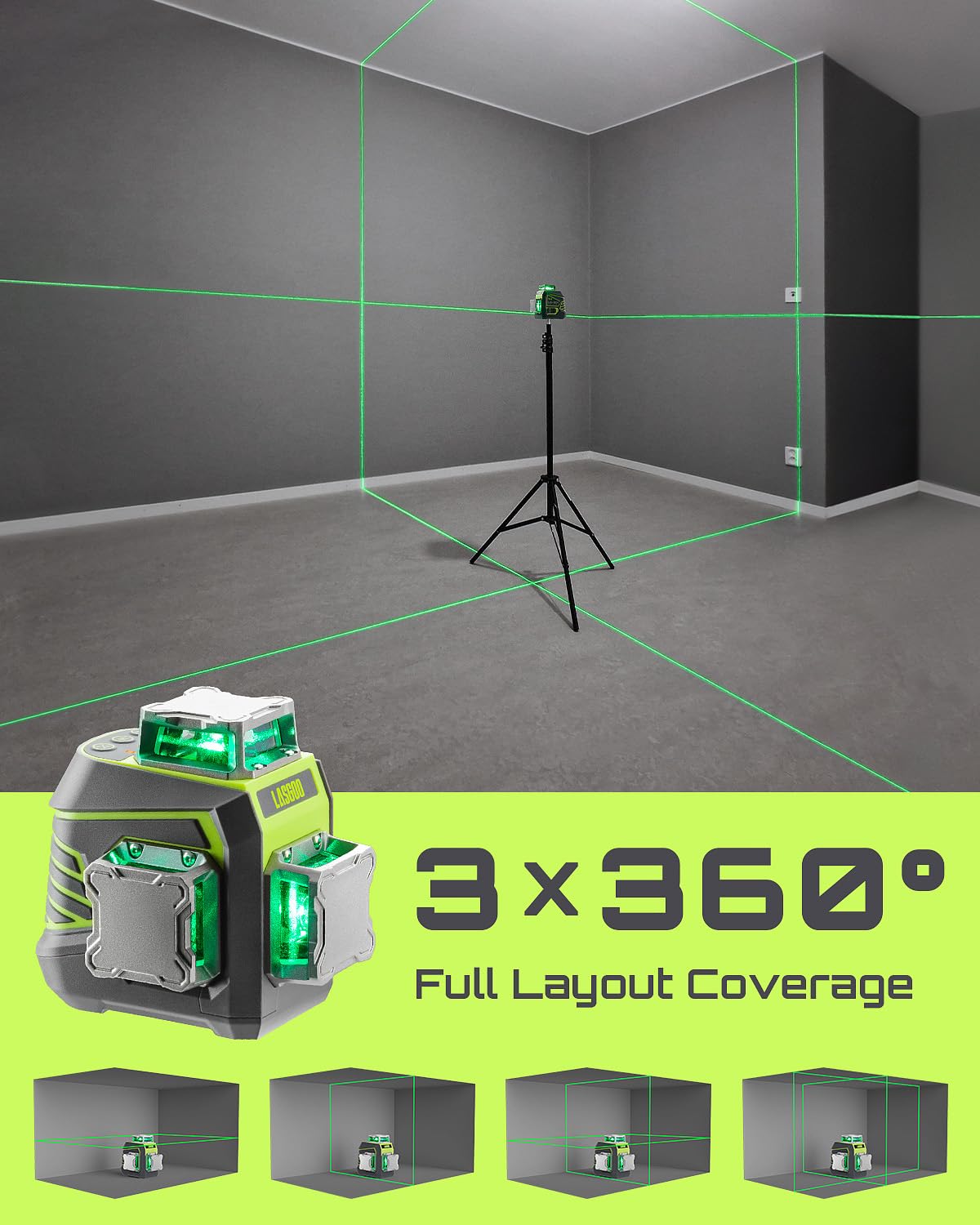 LasGoo Laser Level 3x360° Self Leveling, 3D Green Cross Line Laser for Construction and Picture Hanging, Rechargeable Battery, Remote Control, Magnetic Rotating Stand Included - LG-3Dx