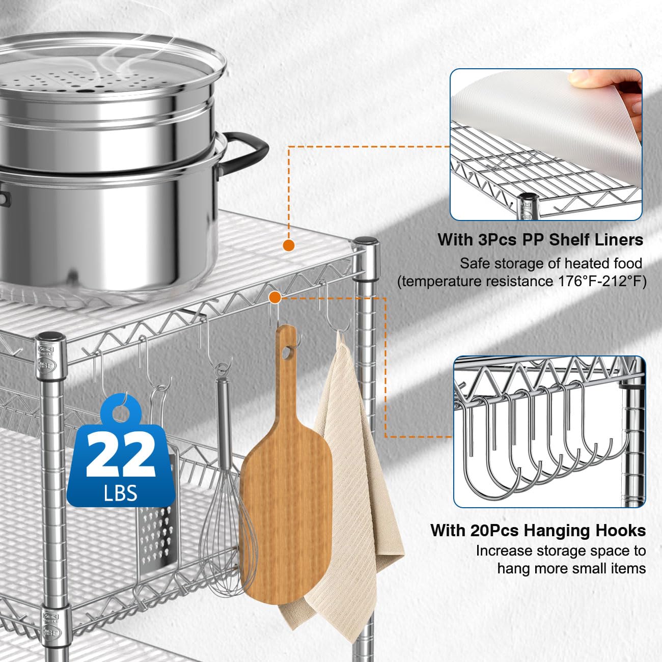 Leteuke Heavy Duty Rolling Utility Cart, 45 Inch Kitchen Carts with Wheels, NSF Commercial Grade with Handle & Shelf Liners, 1120LBS Storage Cart for Kitchen,Restaurant,Plant Display-Chrome