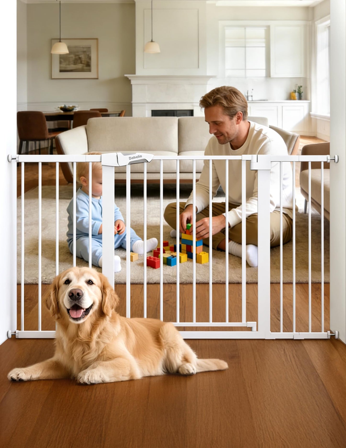 Babelio 29-55 Inch Extra Wide Baby/Dog Gate, PressGuard P7, Metal Auto Close, Pressure Mounted Pet Door for Doorways, NO Need Tools and Drilling, with Wall Cups, White