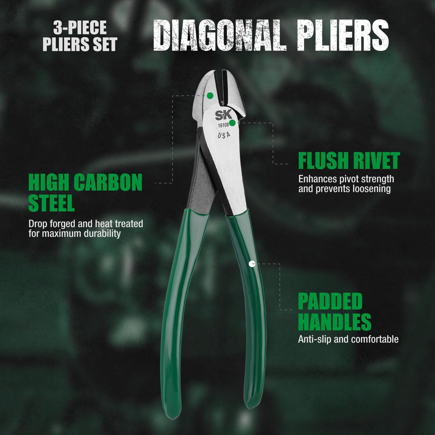 SK Tools USA 3 Piece Water Pump Pliers Set: Diagonal Cutting, Long Nose Cutting, Tongue & Groove | 17840