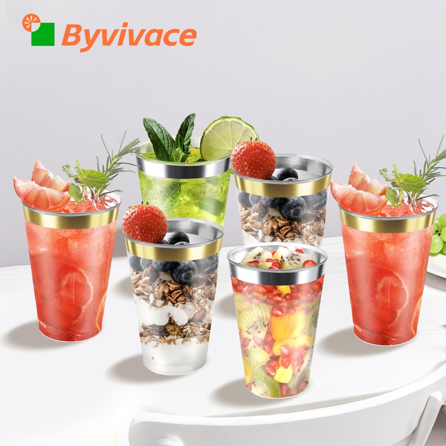 Byvivace 50counts 9 OZ. Disposable Cups Old fashioned Party Tumblers, 9 Ounce Squat Cups Gold Wine Glasses Hard Plastic Cups with Gold Rim