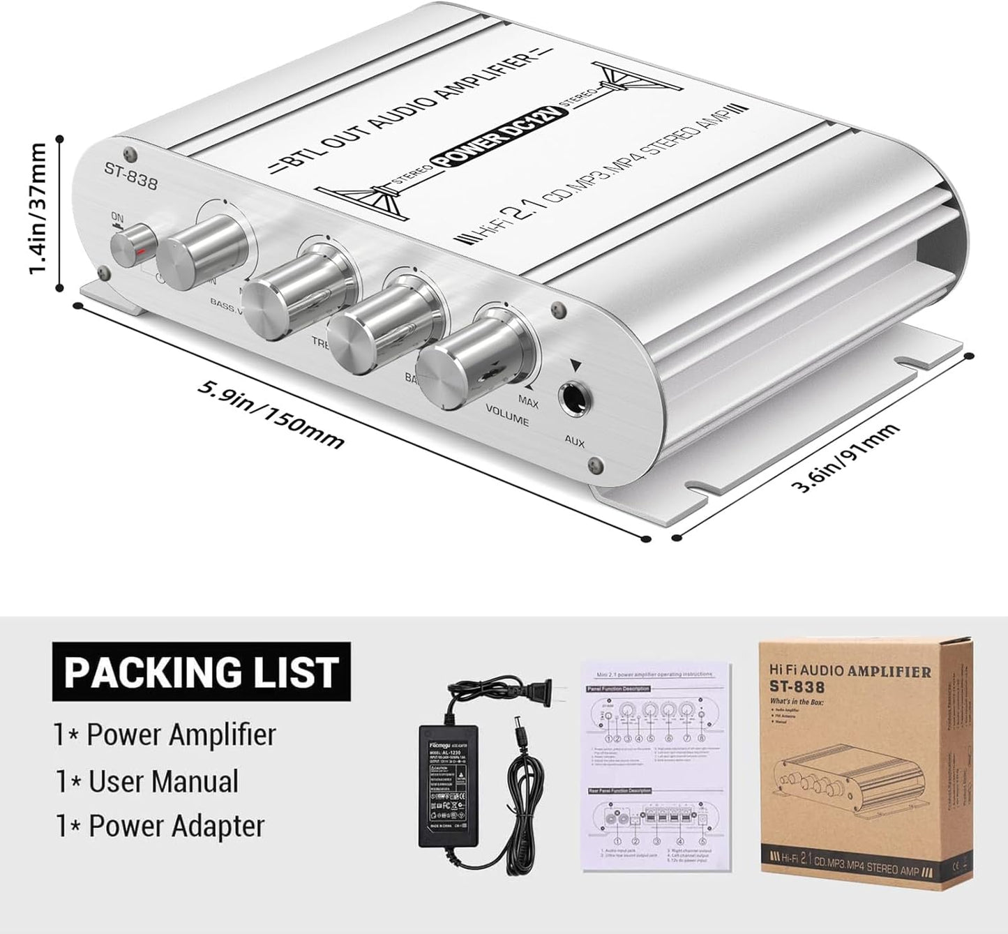 Facmogu ST-838 2.1CH 20Wx2+40W 80W DC12V Audio Power Amplifier, RMS Class D Stereo Digital Audio Amp with Subwoofer