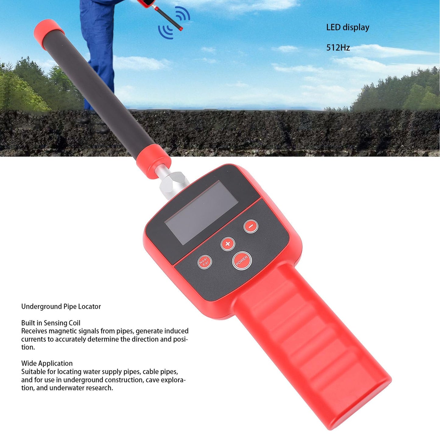 Pongnas 512Hz Underground Pipe Locator with LED Display Water for Pipeline Blockage Detection Cable Pipe Tracing