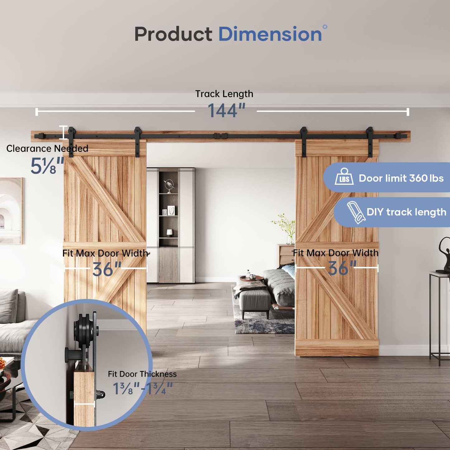 EaseLife 12 FT Double Door Sliding Barn Door Hardware Track Kit,Straight Pulley,Heavy Duty,Slide Smoothly Quietly,Easy Install (12FT Track Kit for Double 36" Wide Door)