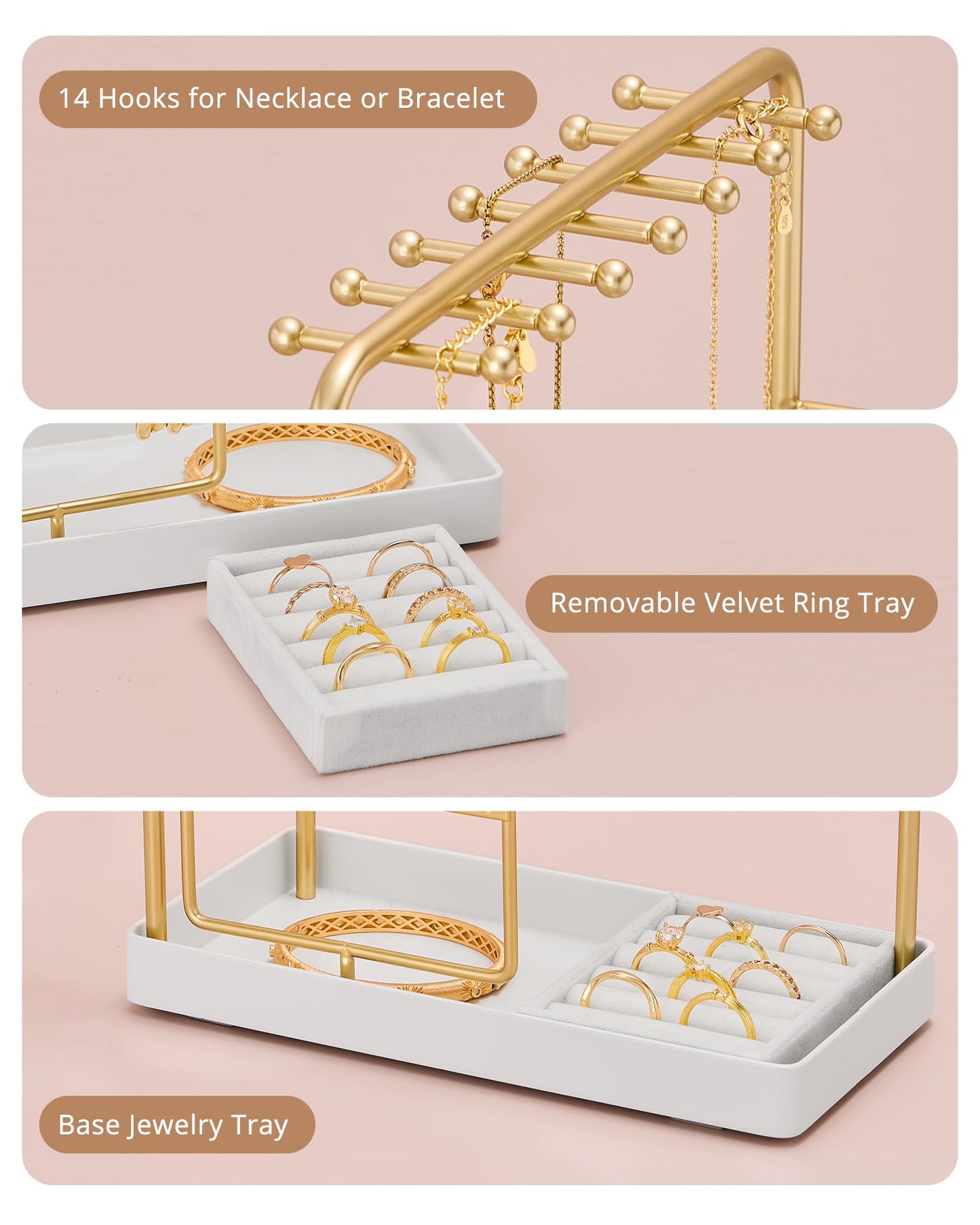 ProCase Jewelry Stand Holder Organizer, Jewelry Display Storage with Ring Tray, Rotating Earring Bracelet Necklace Holder, Valentine's Gifts Room Dorm Decor for Teen Girls -Gold (No-Assembly)