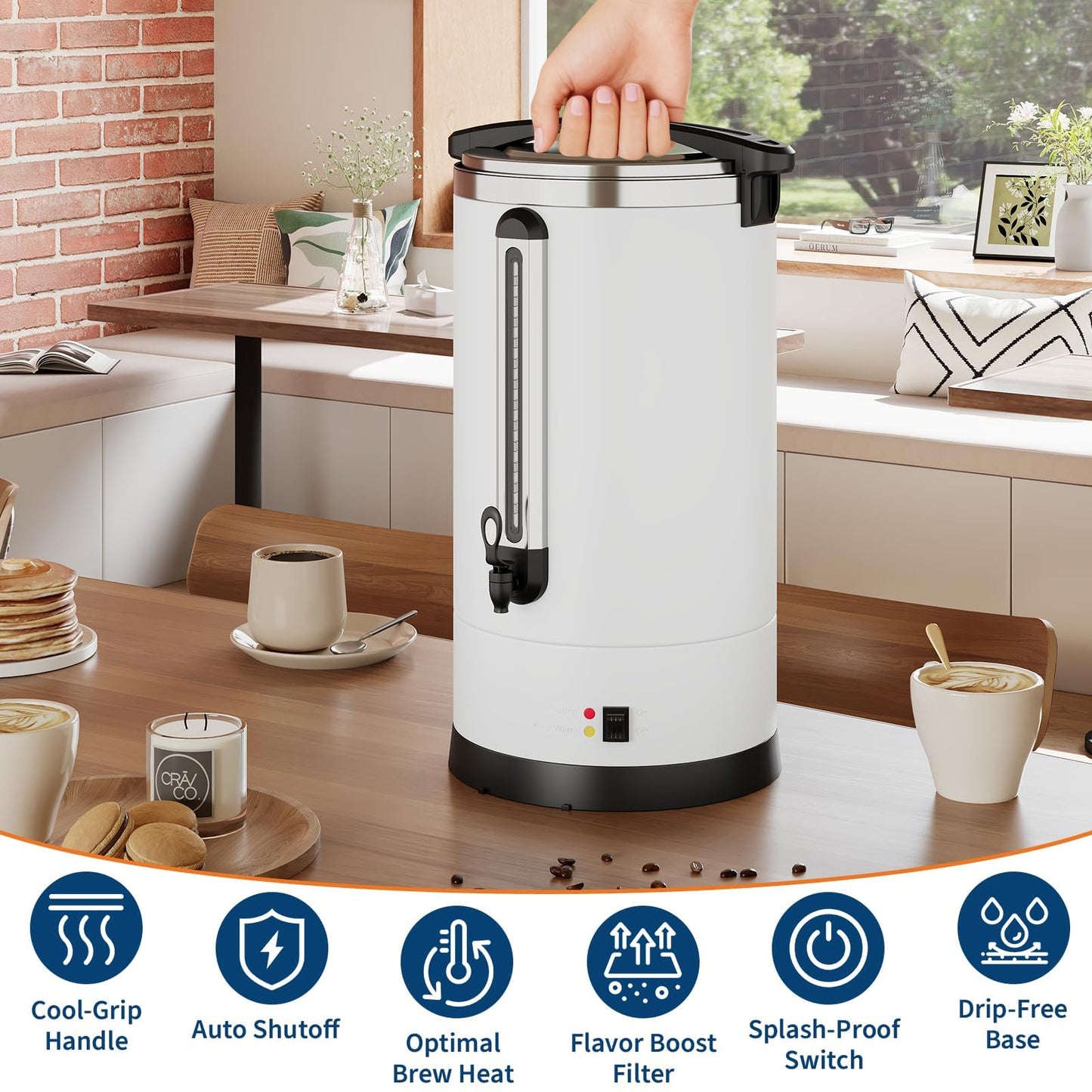 80 Cups Large Coffee Urn with Double Wall Insulation, 12L/3.2 Gallon Stainless Steel Commercial Electric Coffee Maker with Hot Drinks and Hot Water, for Weddings, Parties, Catering, and Buffets