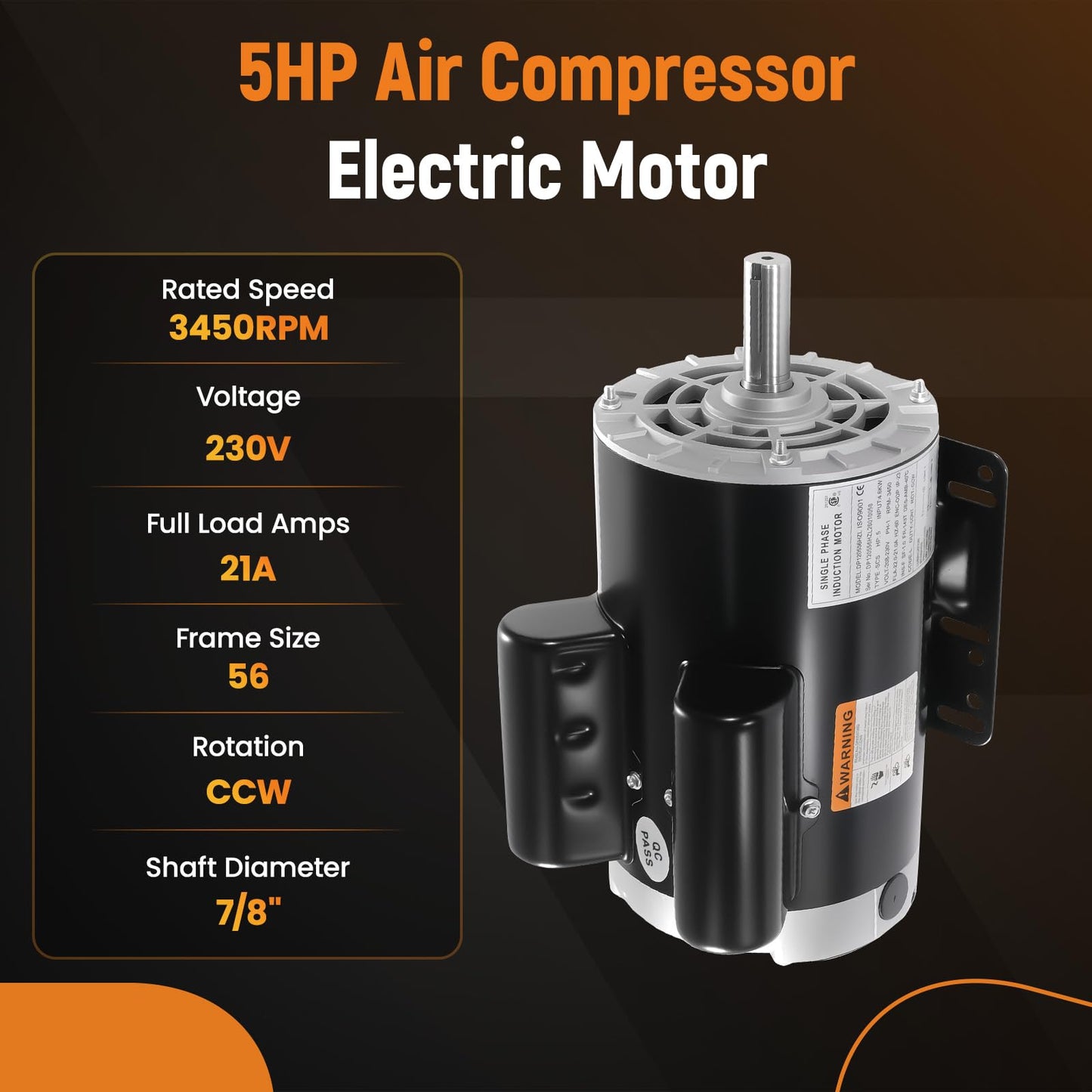 maXpeedingrods 5 HP Air Compressor Electric Motor, 56HZ Frame 3450RPM 230V Single Phase 7/8" Shaft, CCW Rotation, 2.25" Shaft Length for Air Compressors