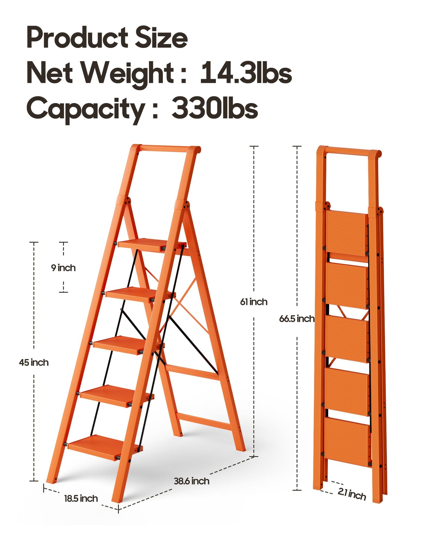HillhutApex 5 Step Foldable Aluminum Step Ladder with Handgrip, Anti-Slip Pedal, 330 lbs Capacity, Lightweight & Portable for Home, Kitchen, Office, Garage (Orange)