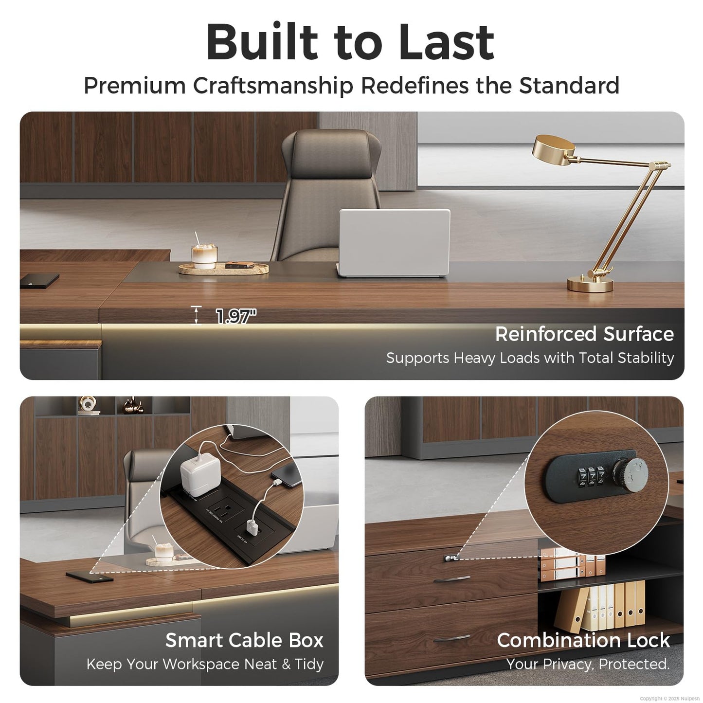 ZIMASYA Compact Reversible L Shaped Executive Desk for Manager, Home Office Desk with Power Outlet & USB Ports, LED Ambient Lighting, Storage Cabinet (Red Walnut/Graphite Gray, 95" L*71" W*30" H)