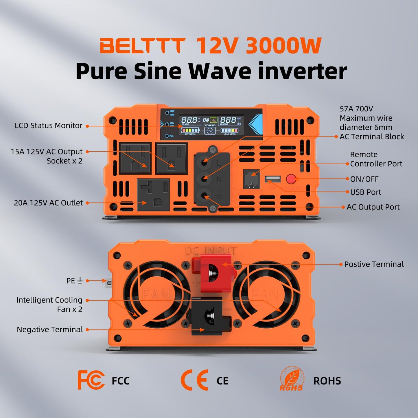 BELTTT 3000W Pure Sine Wave Inverter 12V DC to 120V AC for Solar, Off-Grid, RV, Truck, Home, Power Inverter with Dual AC, 20A Socket, 5V 2.1A USB, Hardwire Port, Remote Controller 23Ft Cable