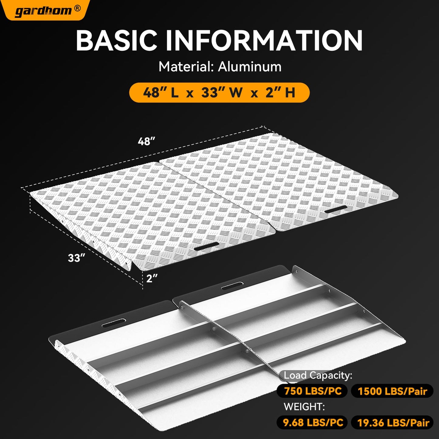 gardhom 33" x 48" Shed Ramp for Riding Mower 1500 LBS/Pair Capacity Aluminum Anti-Slip Ramps for Lawn Mower Snow Blower Motorcycle Garages Barns (2PCS)