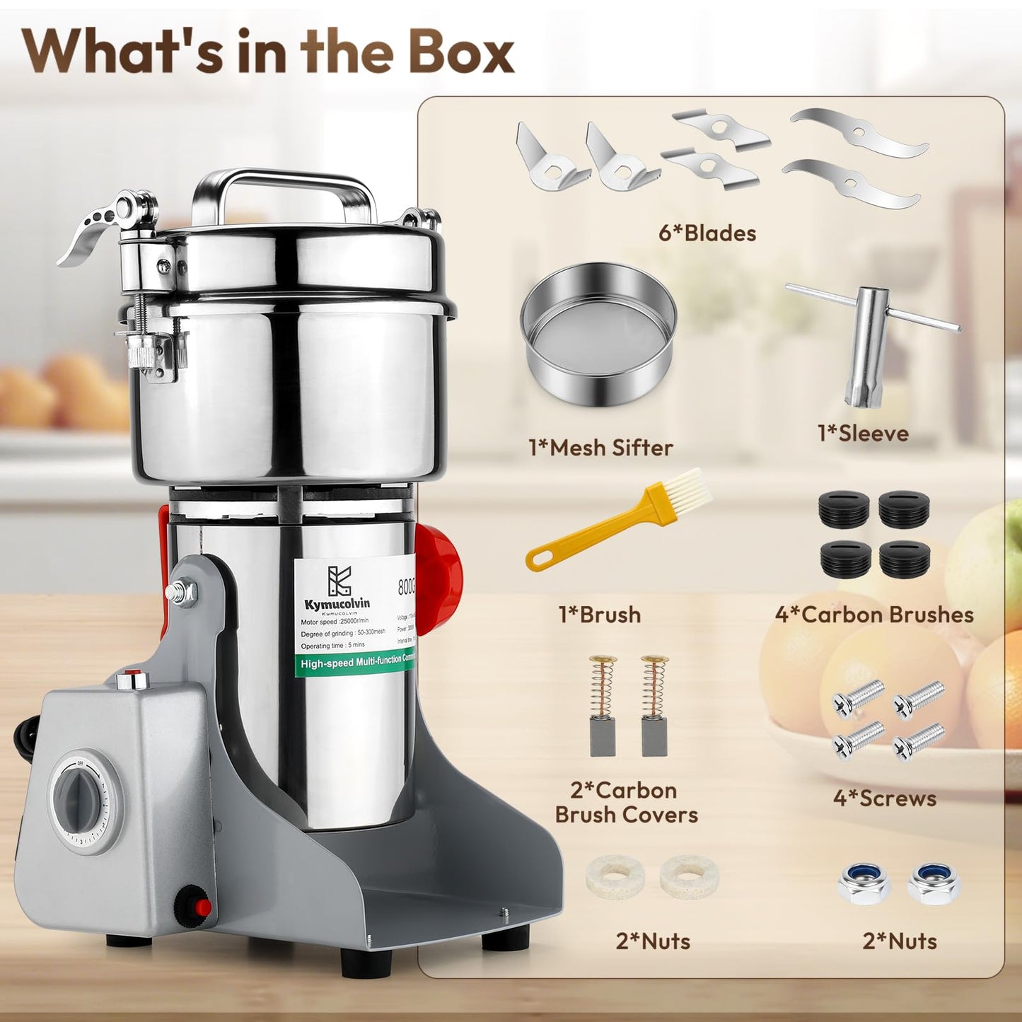 Kymucolvin Electric Grain Mill Grinder-800g 110V 3000W Performance Grain Mill,Suitable for Kitchen, Household,Commercial Use of Crushing Dry Grains,Spices,Herbs,Coffee,Corn,Pepper Grinder.(800g)