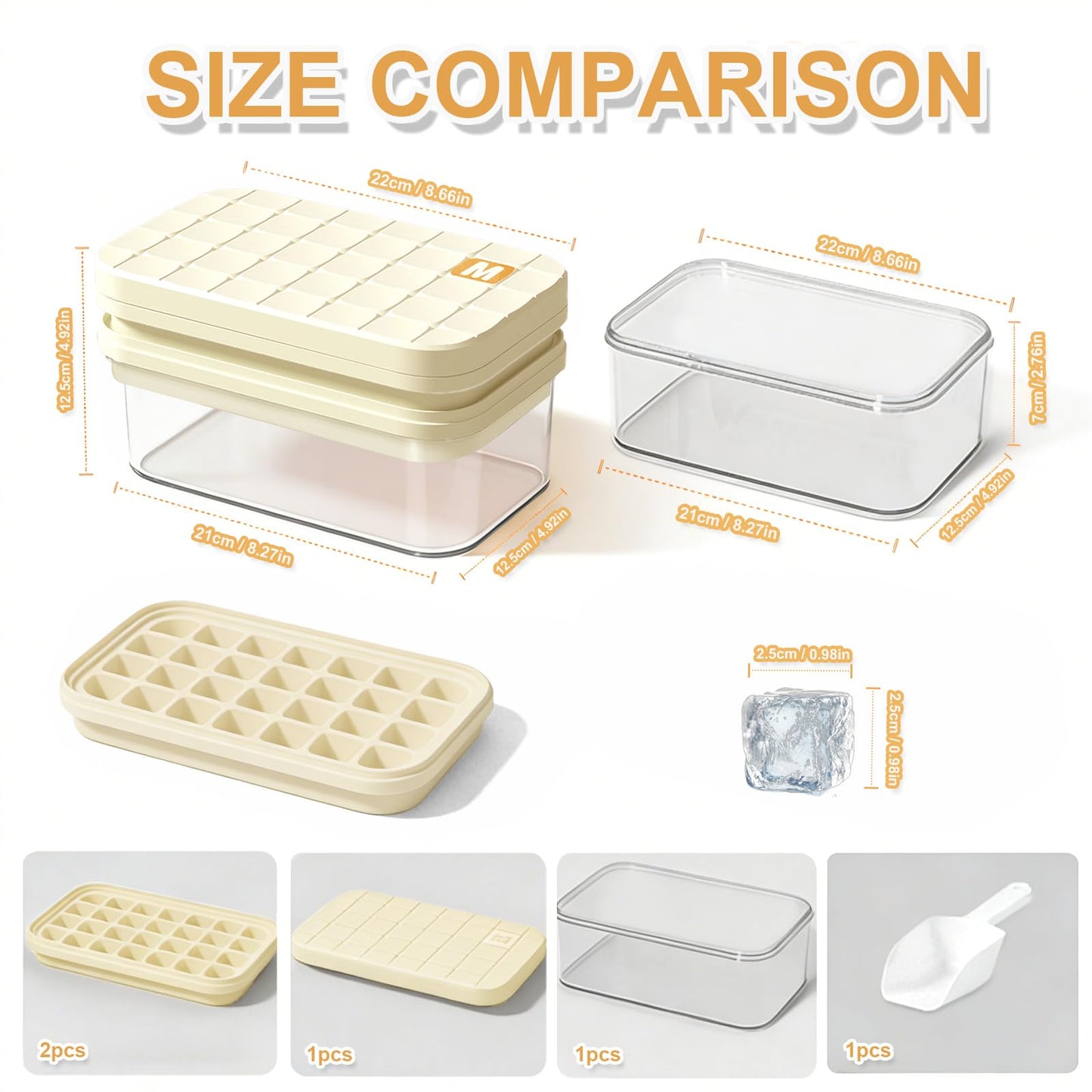 Ice Cube Tray - Freezer Ice Tray Ice Mold Ice Maker for Drinks Whiskey Beer Cocktail Coffee, Transparent Sealed Lid Design for Keep Ice Clean, With Tweezers and 2 Ice Trays Storage（White）