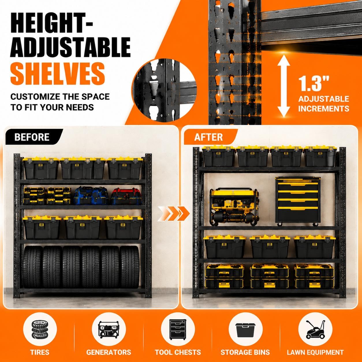 FYYXTEE 5000LBS Garage Shelving, 71" W Heavy Duty Metal Adjustable 4 Tier Storage for Warehouse, Basement, Shop and Office, Commercial-Grade Steel Organizer, 71" W x 24" D x 69" H