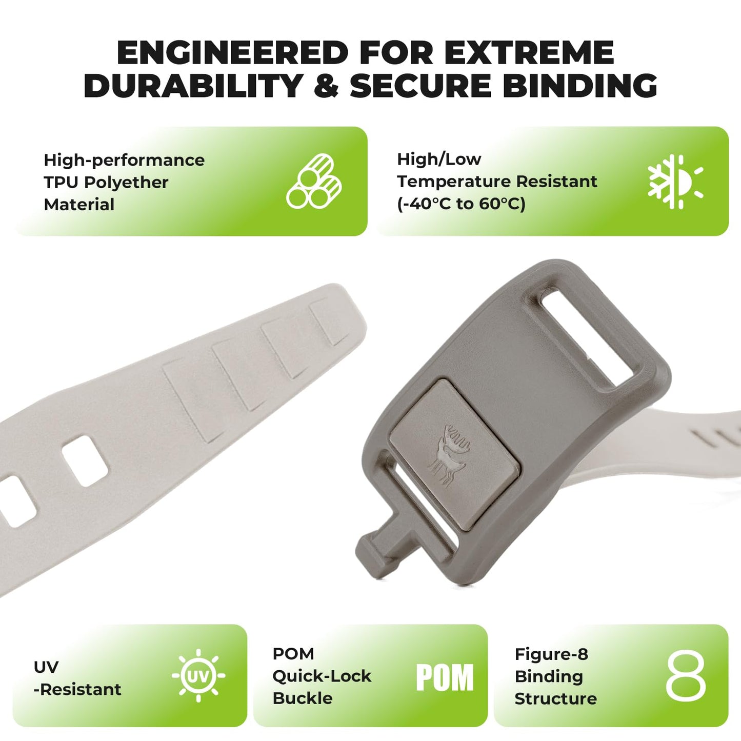 QUNATURE 2-Pack TPU 18" Tie-Down Utility Straps with 8-Figure Design Heavy-Duty 220 lb Load, Adjustable for Bike, Moto, Skis & Outdoor Gear No Scratch, Temperature Resistant, Rock ash