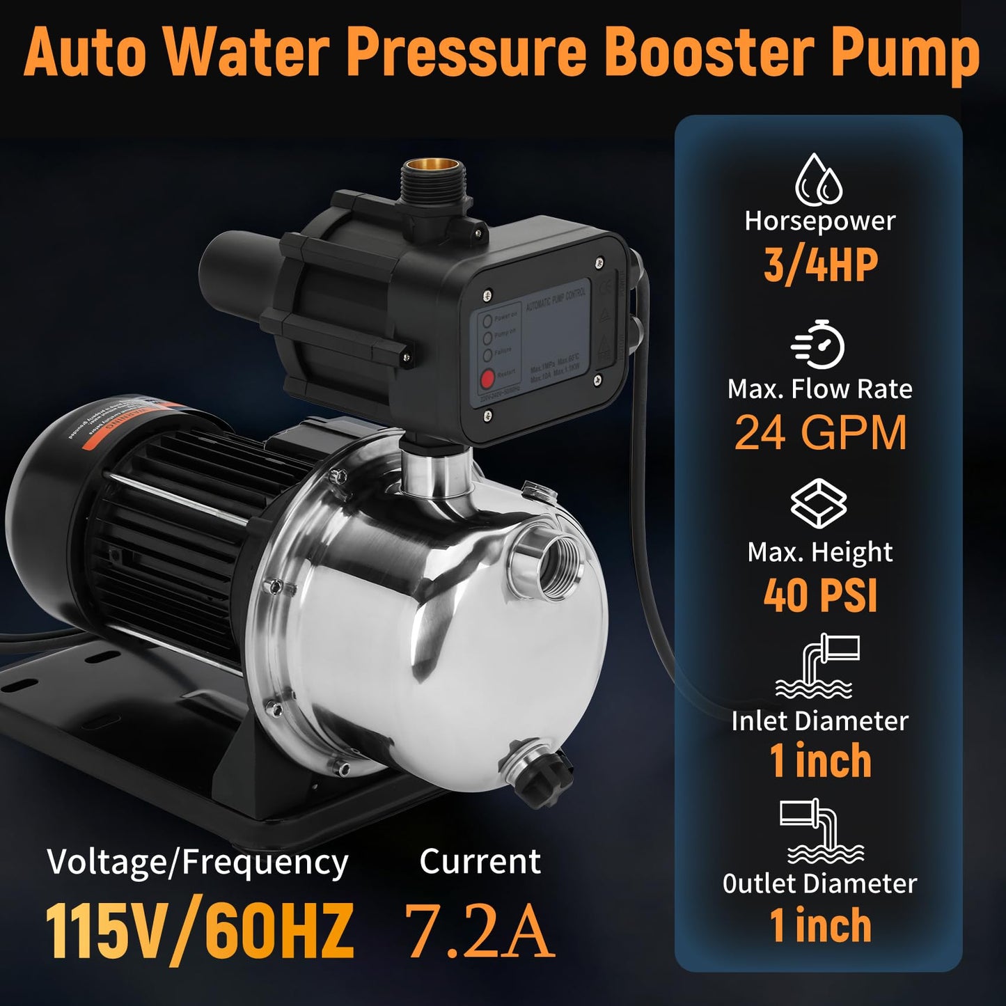 4075SS-01 Pressure Booster Pump 3/4 HP, Stainless Steel Water Pressure Booster 40 PSI, 4075SS01 Domestic Water Pressure Booster Pump Boosts Household Water Pressure, Replace for Simer 4075SS-01 Pump