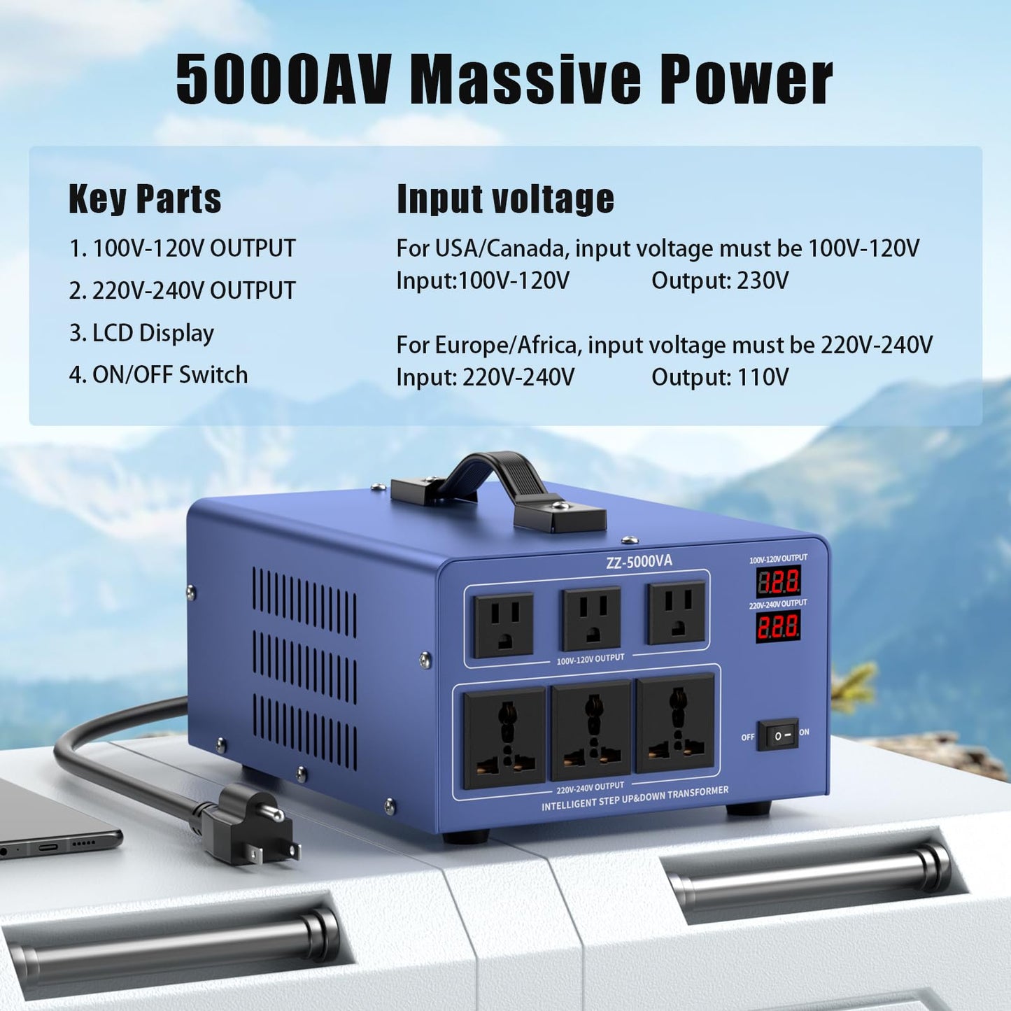 5000W Voltage Converter Transformer Step Up/Down 110V/120V to 220V/240V, Auto Voltage Recognition, Heavy Duty Power Converter with 6 Outlets, LCD Display & Circuit Breaker for Home, International Use
