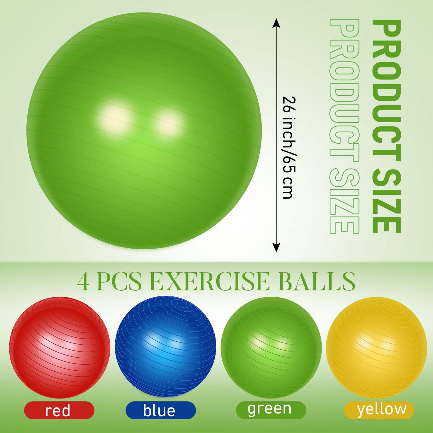 Leyndo 4 Pcs 26 Inch Yoga Exercise Ball Pilates Pregnancy Birthing Fitness Ball with Quick Pump Anti Burst for Improved Posture, Balance, Yoga, Pilates, Training(Bright Color)