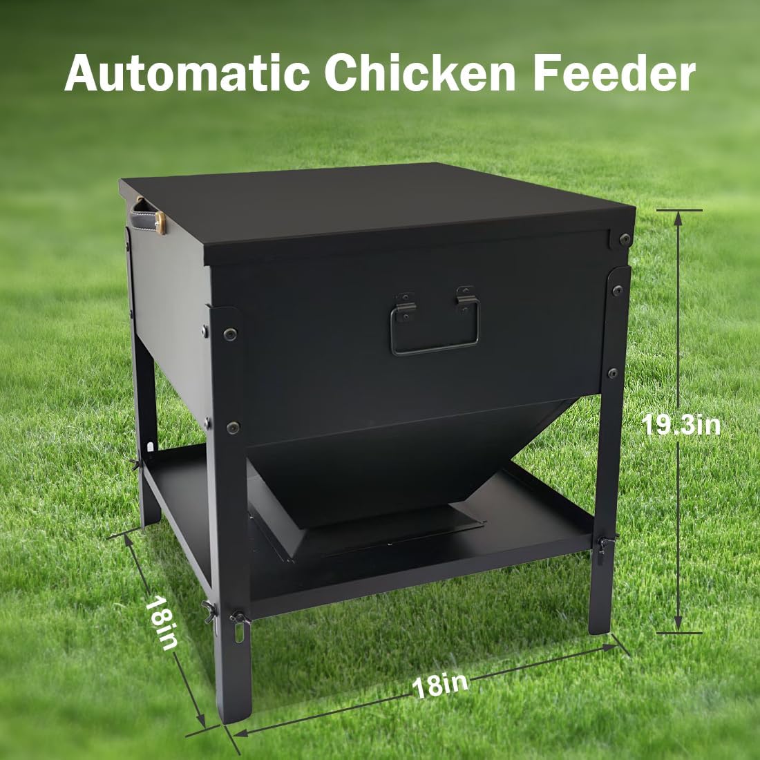 DOLEMODUO Metal Chicken Feeder No Waste, Large Capacity Poultry Feeder, Adjustable Galvanized Steel Chicken Coop Feeder with Lid and Handle