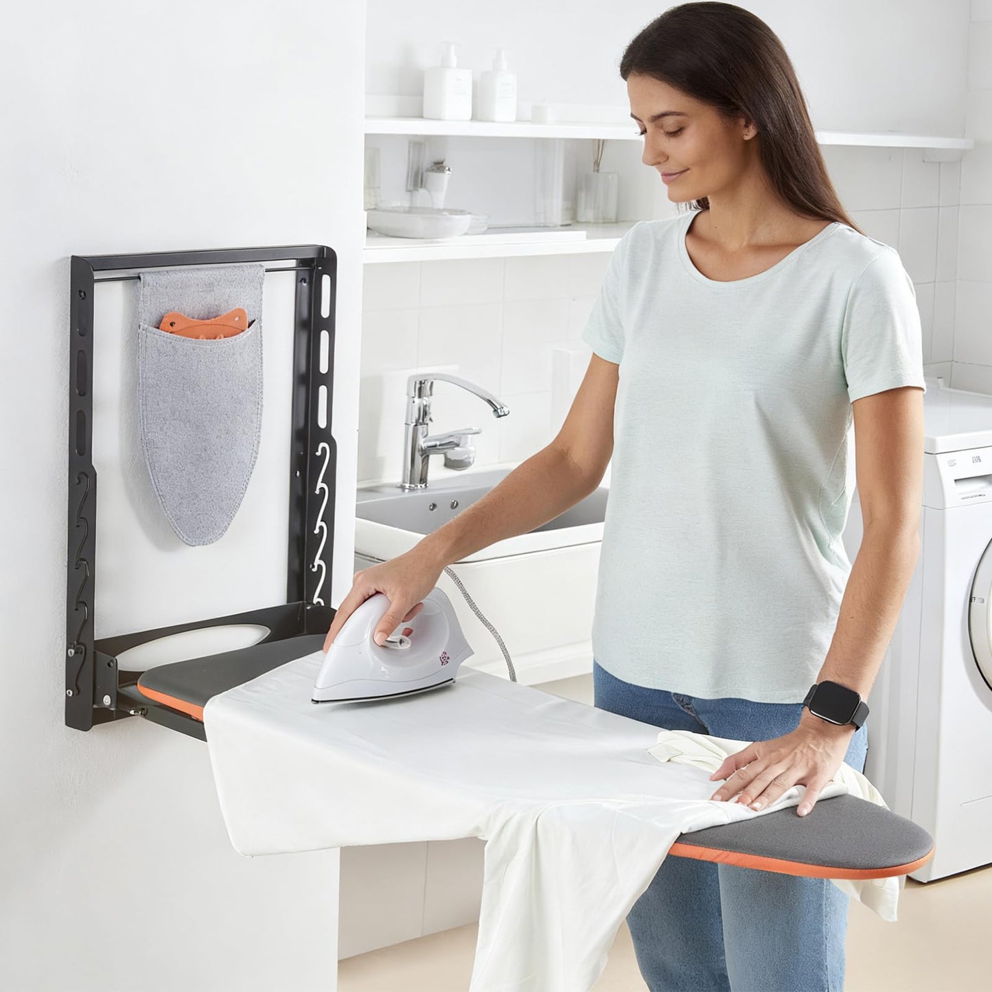 Seiritex Wall Mounted Ironing Board with Iron Holder, 36x13 Compact Mount Foldable Ironing Board for Small Spaces, Space Saving with Cotton Fabric Cover and Silicone Iron Rest