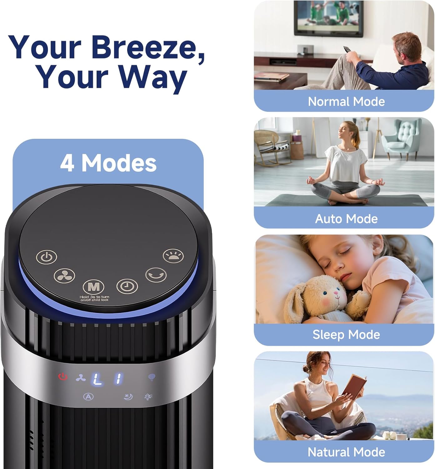 OLIXIS Tower Fan - Quiet 28dB Bladeless Oscillating Fan with Remote, 12H Timer, 5 Speeds | Black