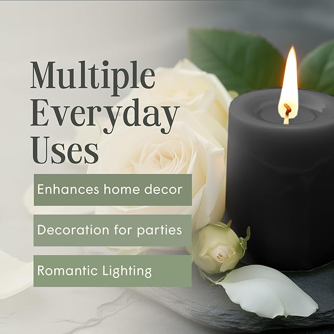Mister Candle Dripless Unscented Pillar Candles, Set of 3 Hand Poured Solid Color Non-Scented Candles for Home Decor, Premium Wax, 60 Hr Burn Time - 3x4 Inch, Black