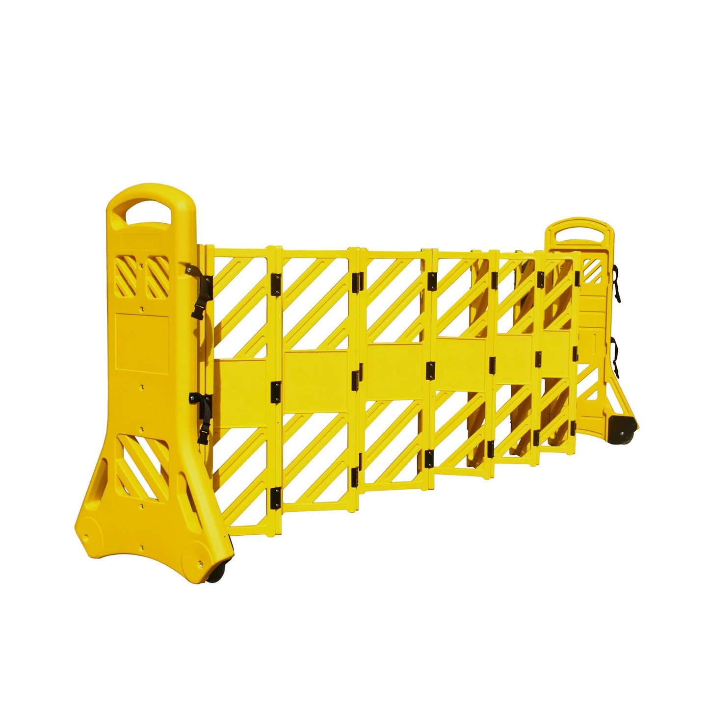 Pittman 13 ft GHP Expandable Mobile Barricade, 40" High Portable Yellow and Black Plastic Safety Gate Barrier with Hazard Markers, Braking Caster Wheels and Built-in Clip-in Straps (727320)