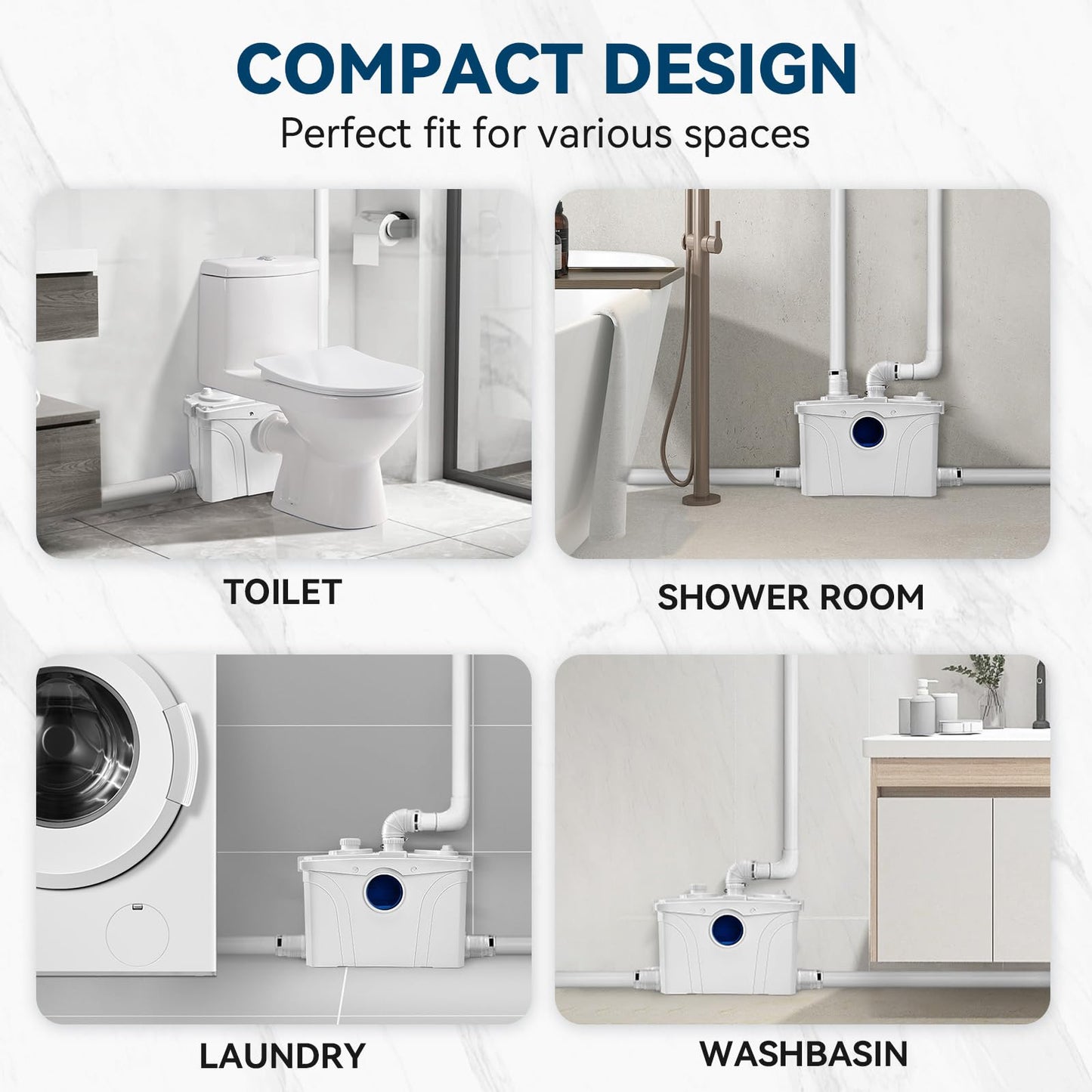 1.2HP Macerator Pump with PCB Function Toilet Pump Utility Sink Pump Upflush to 32.8FT 2500GPH Macerating Toilet System with 4 Water Inlets 1 Outlets for Toilet Sink Shower Laundry Kitchen Basement