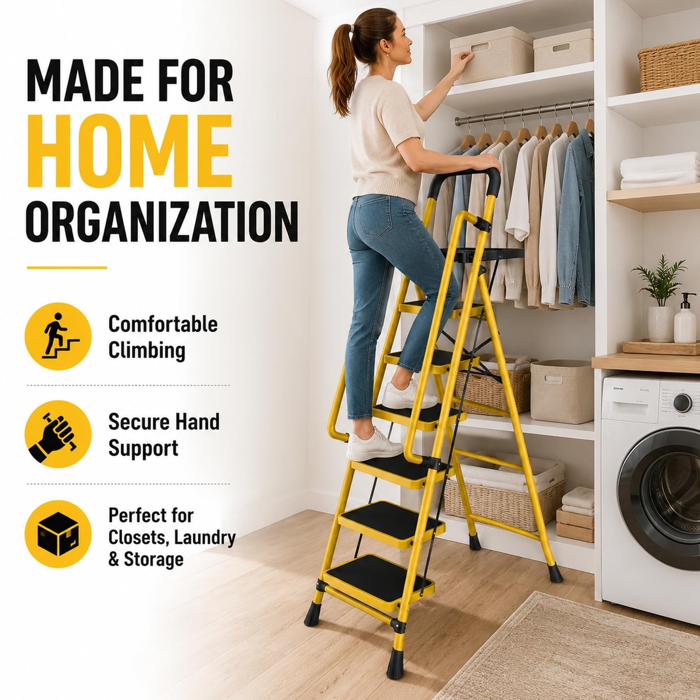 6 Step Ladder with Platform, 330 Lbs Load Heavy Steel Duty Step Ladders, Portable Safety Step Stool with Pedals, Handrail, for Multi-Purpose, Home, Kitchen
