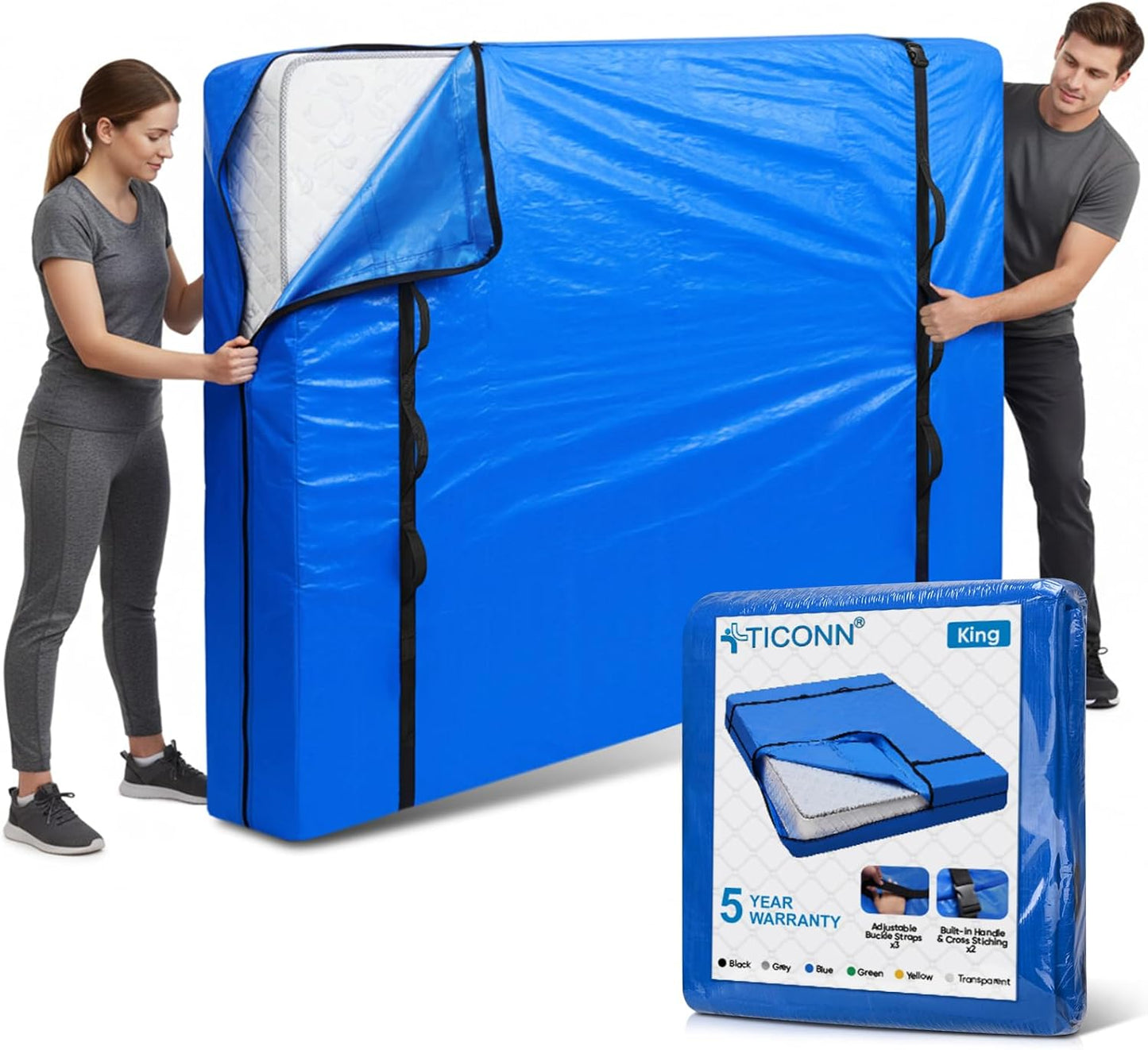 TICONN King Mattress Bag - Heavy Duty Storage Cover with Full-Around Handle & Adjustable Buckles | Blue