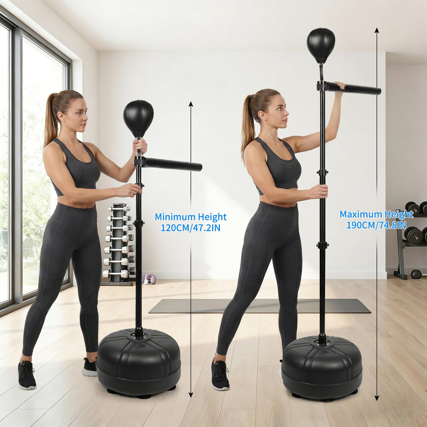 UBCTECH Boxing Bar with Punching Bag, Spinning Boxing Speed Trainer, Height Adjustable with Punching Bag and Reflex Bars, Training Equipment for Teens Adults, Black