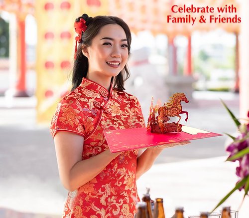 BIZIBAFF 3D Pop-Up Chinese New Year Card & Decorations 2026 - Year of The Horse - Handmade Lunar New Year Greeting Cards with Envelope, Unique Spring Festival Gifts for Family & Friends