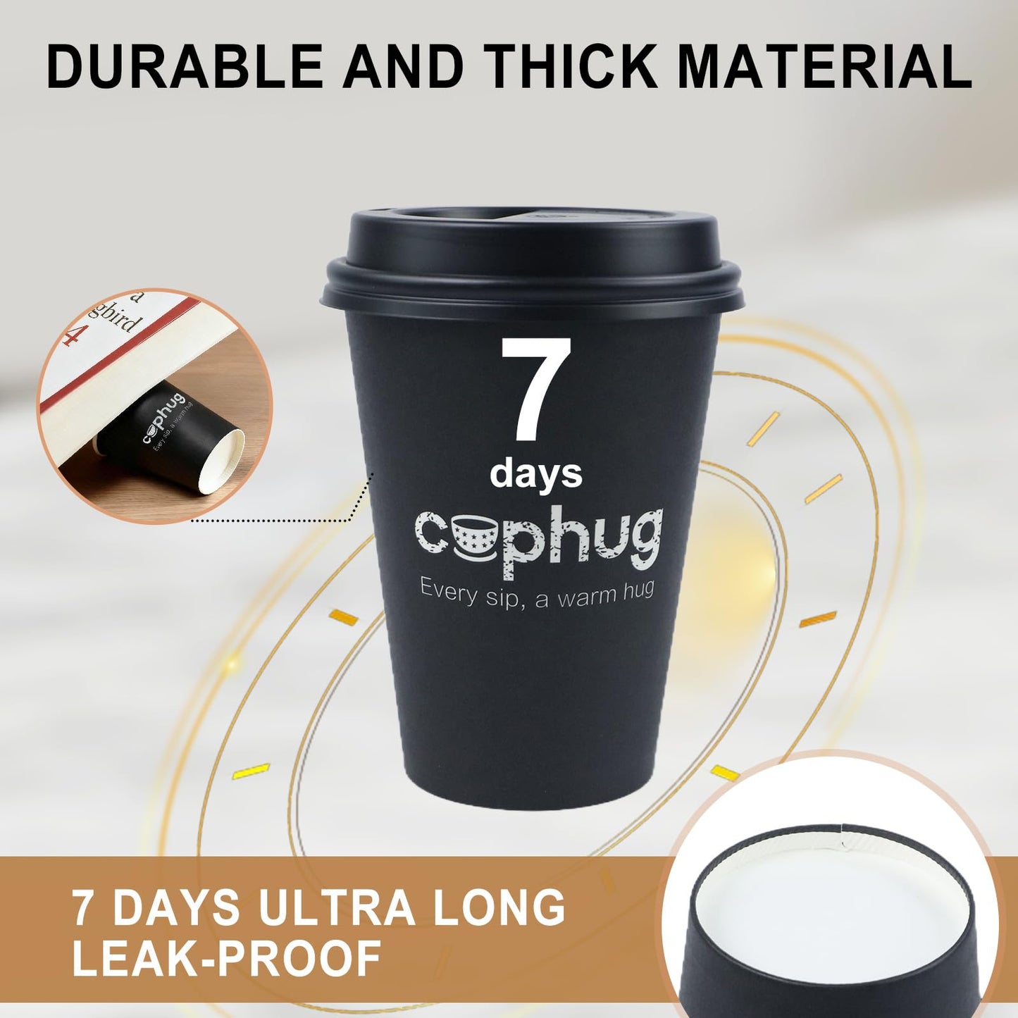 cuphug 12 oz Disposable Coffee Cups with Lids, Sleeves and Straws 100Pack, Thickened Leak-Proof Insulated Paper Cups for Hot Drinks, Home, Office, Cafe, Party